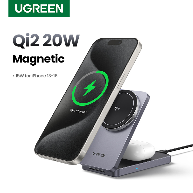 Optimiza tu espacio y carga sin esfuerzo: El cargador magnético UGREEN QI2 20W 2 EN 1 soporta tu IPHONE 16 PRO MAX y AIRPODS 4 simultáneamente, ideal para escritorios y mesitas de noche con diseño compacto y eficiencia probada.