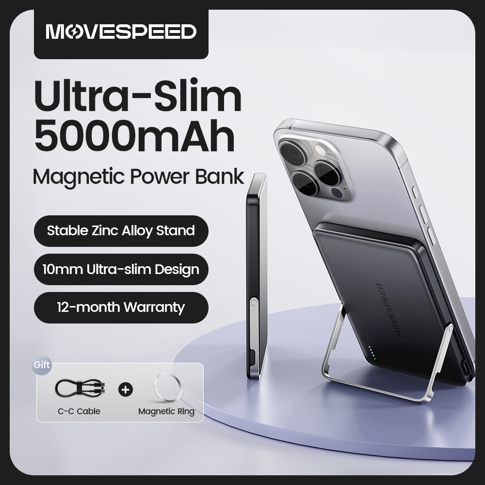 Carga inalámbrica rápida y estable donde sea que estés: el MOVESPEED S05Pro MAGNETIC POWER BANK con 5000 mAh te mantiene conectado con su diseño compacto y soporte integrado, ideal para usuarios de iPhone y Samsung en movimiento.