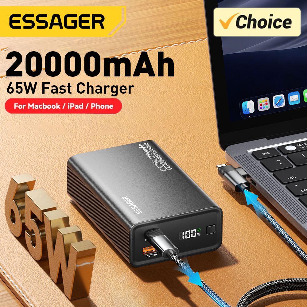 Olvídate de quedarte sin batería en pleno día: el ESSAGER POWER BANK 20000MAH carga tu laptop y 3 dispositivos más a 65W, una solución todoterreno con descuento relámpago para viajeros y teletrabajadores.