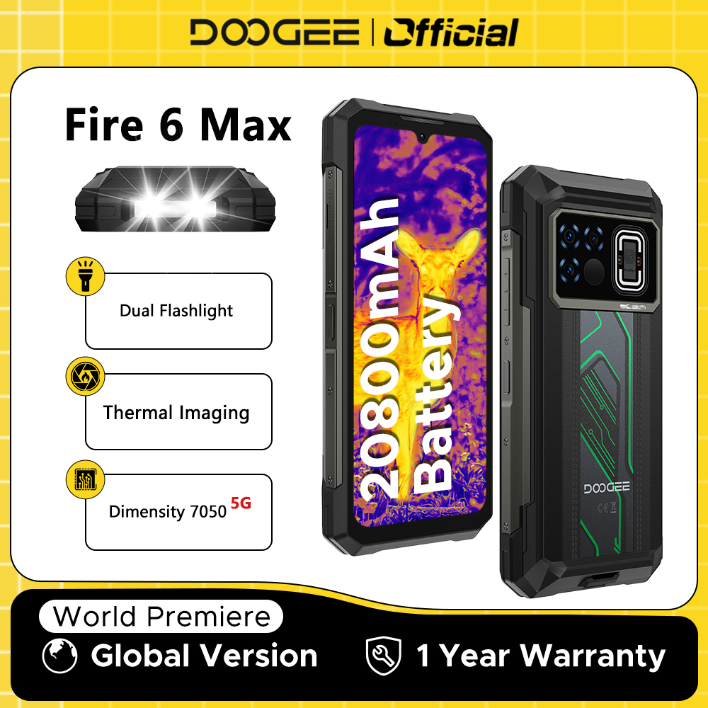 Descubre el poder sin límites: el DOOGEE FIRE 6 MAX 5G redefine la resistencia con su procesador Dimensity 7050, cámara térmica integrada y una batería de 20800mAh para jornadas extremas donde otros fallan.