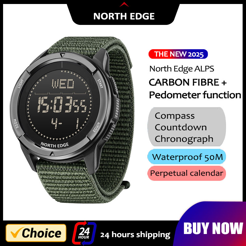 Domina tus aventuras con el NORTH EDGE 2025 ALPS: el reloj digital militar que combina resistencia, funcionalidad y estilo en un diseño ultraligero de fibra de carbono.