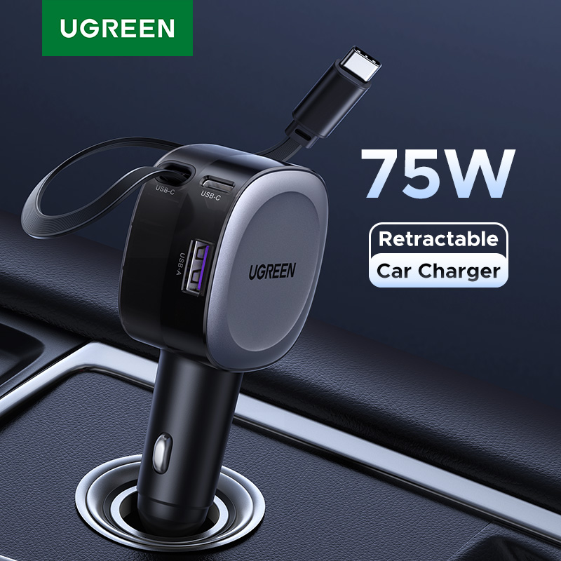Carga Rápida sin Enredos: Descubre el CARGADOR UGREEN 75W con Cable Retráctil - Carga tu IPHONE 15 y SAMSUNG GALAXY S23 en Minutos mientras Conduces