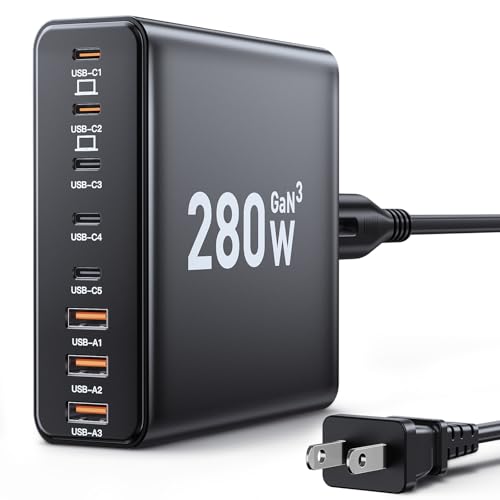 Carga 8 Dispositivos a la Vez Sin Preocuparte por la Energía: El BLOQUE DE CARGADOR USB C DE 280W con Tecnología GaN III es la Solución Definitiva para Tus Gadgets