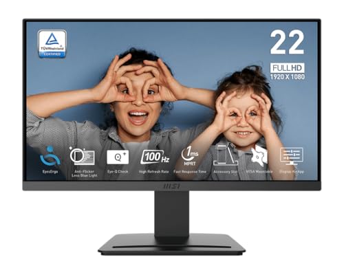 Mejora tu productividad y entretenimiento con fluidez inigualable: Descubre el monitor MSI PRO MP223 E2 de 22 pulgadas, 100Hz y 1 ms de respuesta para una experiencia visual sin interrupciones y versátil en cualquier entorno.