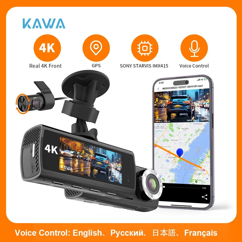 Revoluciona tu seguridad vial con la KAWA 4K: captura cada detalle en ultra HD gracias al sensor SONY IMX415 y disfruta de funciones inteligentes como GPS y control por voz