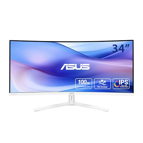 Transforma tu productividad y entretenimiento con este monitor curvado de ASUS: fluidez visual y comodidad ocular garantizadas gracias al VU34WCIP-W, una inversión inteligente para cualquier espacio.