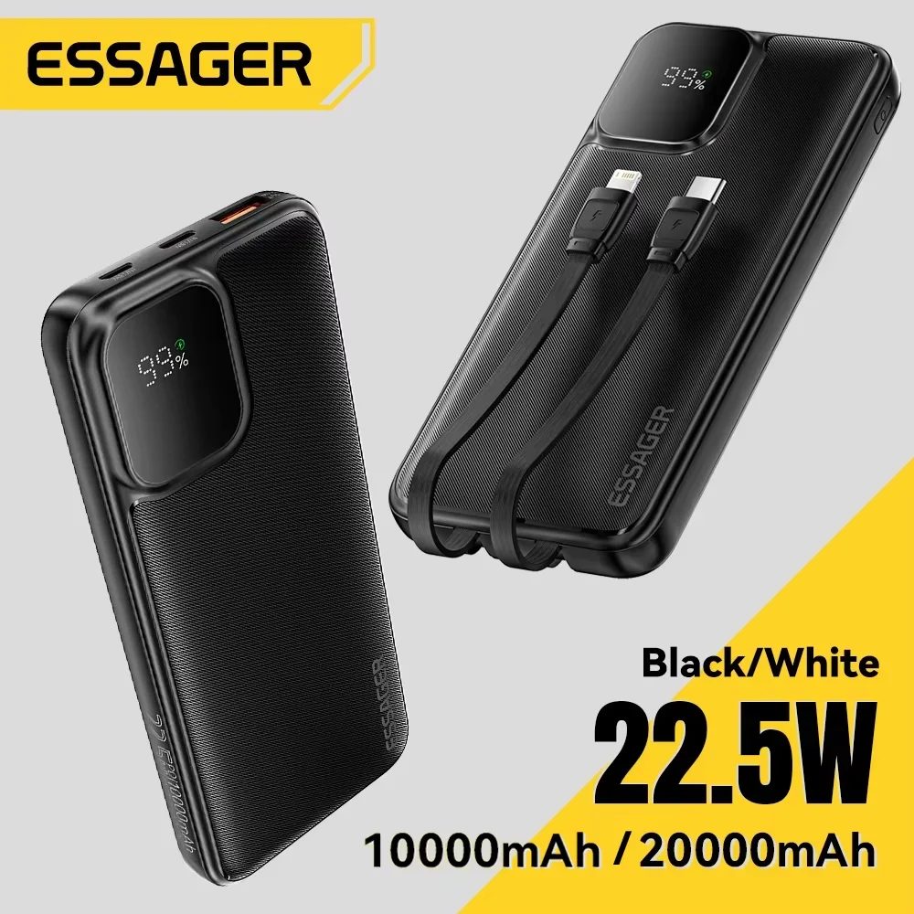 Nunca te quedes sin batería en tus aventuras diarias: Descubre el ESSAGER 20000MAH, el power bank con cables integrados que carga tu iPhone y Xiaomi a velocidades ultrarrápidas de 22.5W, garantizando energía confiable donde sea que vayas.