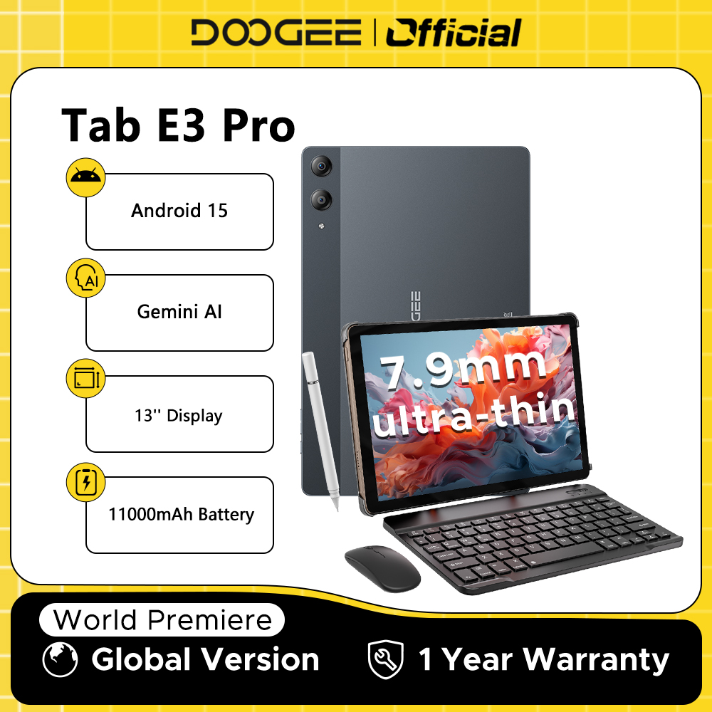 Descubre la productividad sin límites con la tableta DOOGEE TAB E3 PRO: flujo de trabajo fluido gracias a la IA Gemini, su pantalla de 13 pulgadas y batería de 11000mAh garantizan rendimiento excepcional para profesionales y creativos.