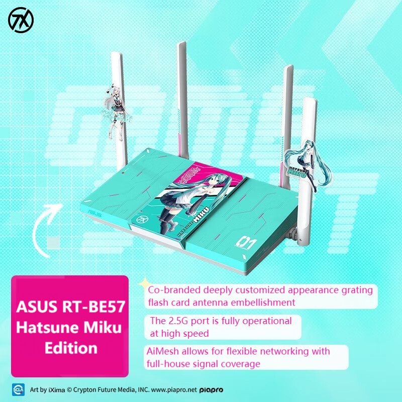 Transforma tu conexión doméstica con el ASUS RE-BE57 HATSUNE MIKU EDITION: cobertura impecable en cada rincón gracias a la tecnología Aimesh y 4K-QAM para un rendimiento sin igual.