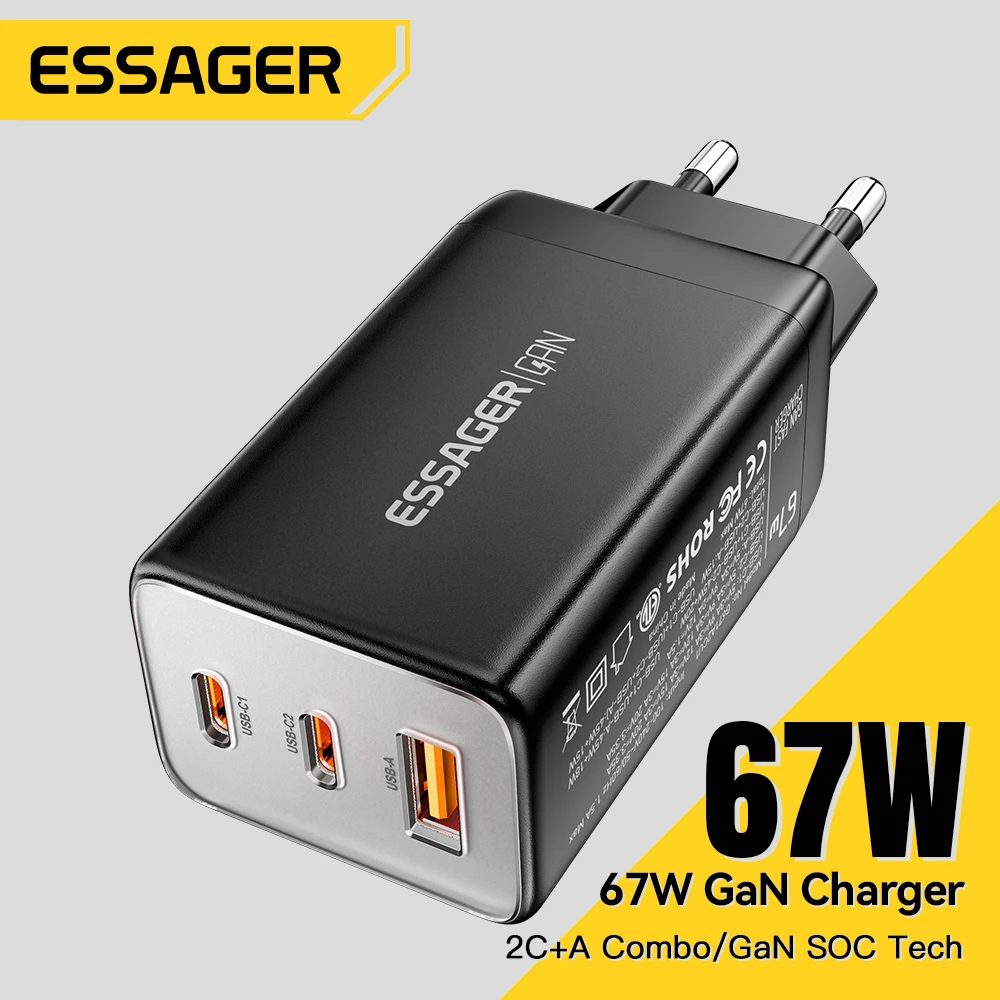 Potencia tu día sin esperas: el cargador ESSAGER 67W GaN transforma la carga en segundos para SAMSUNG GALAXY, IPHONE 15 y más, garantizando eficiencia y portabilidad suprema.