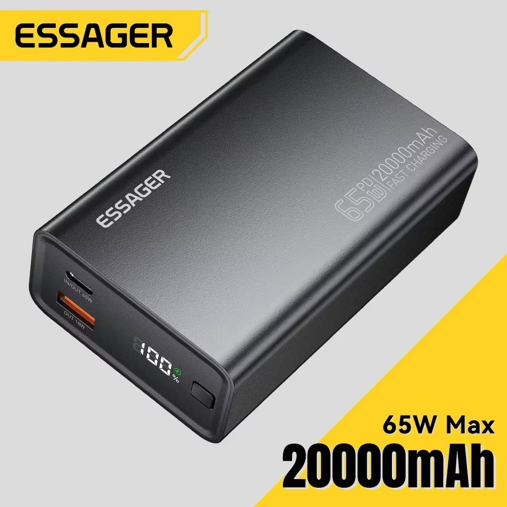 Olvídate de quedarte sin batería: el ESSAGER POWER BANK 20000MAH te carga hasta un laptop en minutos con su tecnología PD 65W, el aliado perfecto para viajeros y profesionales.