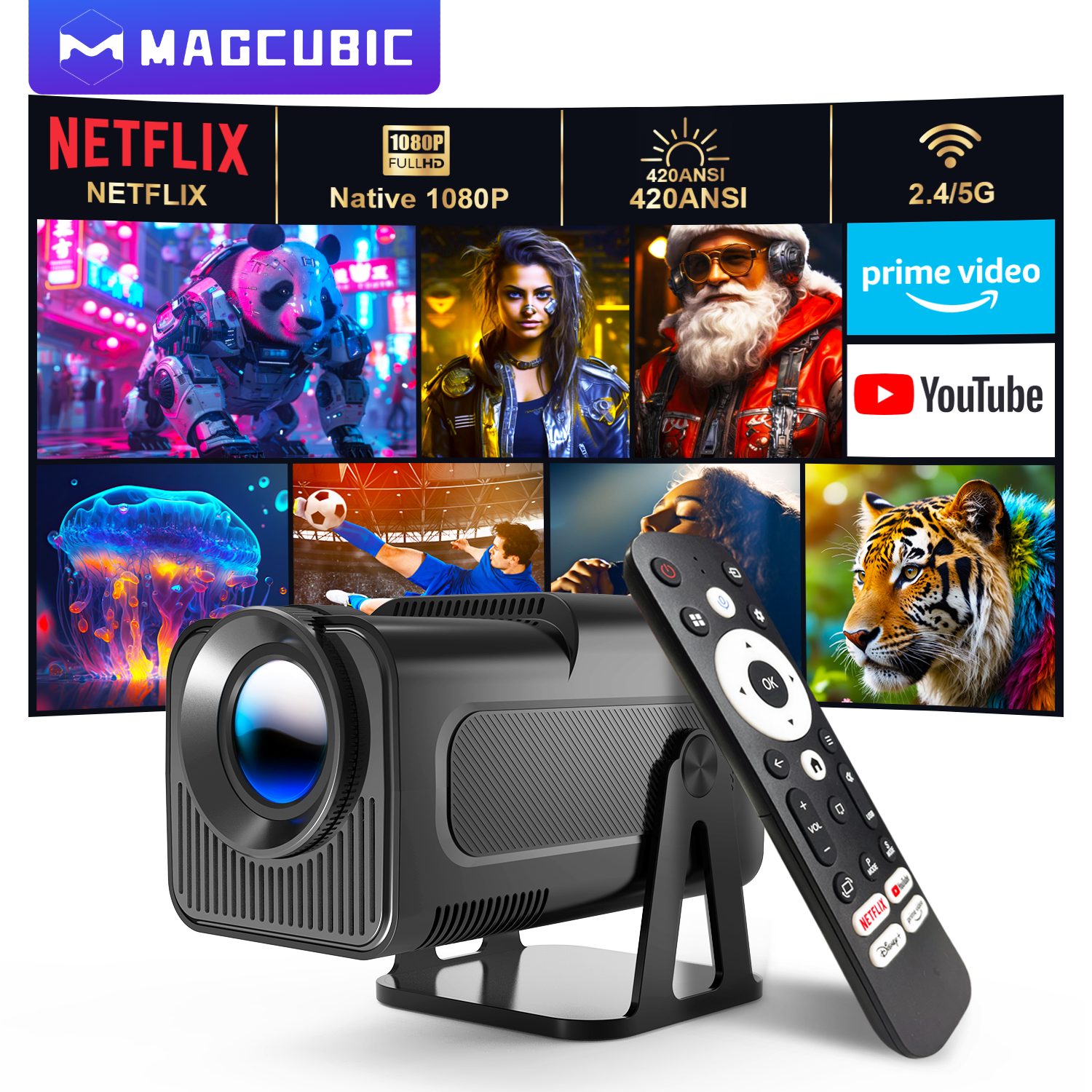 Descubre el Cine en Casa Perfeccionado con el Proyector MAGCUBIC HY320: Disfruta Contenido Oficial de Netflix y Android 13 en Alta Definición 1080P, con 500 ANSI de Brillo y Conectividad Total para una Experiencia Inigualable en Cualquier Lugar.