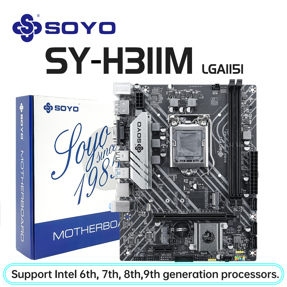 Transforma tu PC en una máquina de alto rendimiento con esta placa base gaming que te permite usar procesadores Intel de 6ª a 9ª generación y memoria DDR4 de hasta 32GB - La SOYO H311 Game Motherboard maximiza tu inversión con conectividad M.2 y USB 3.0 para un rendimiento excepcional