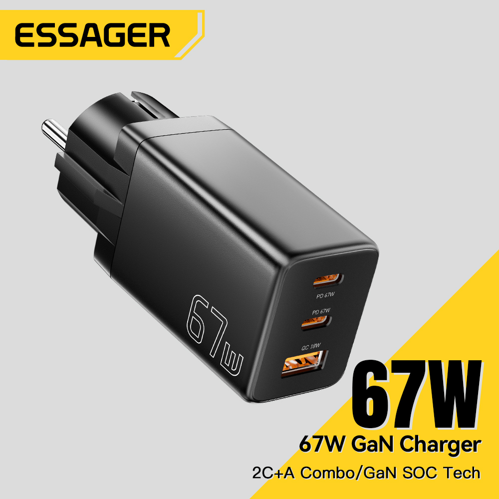 Optimiza tu carga diaria con velocidad y eficiencia: el ESSAGER GAN USB TYPE-C CHARGER alcanza hasta 67W para alimentar simultáneamente teléfonos y laptops, garantizando un rendimiento superior en cualquier situación.