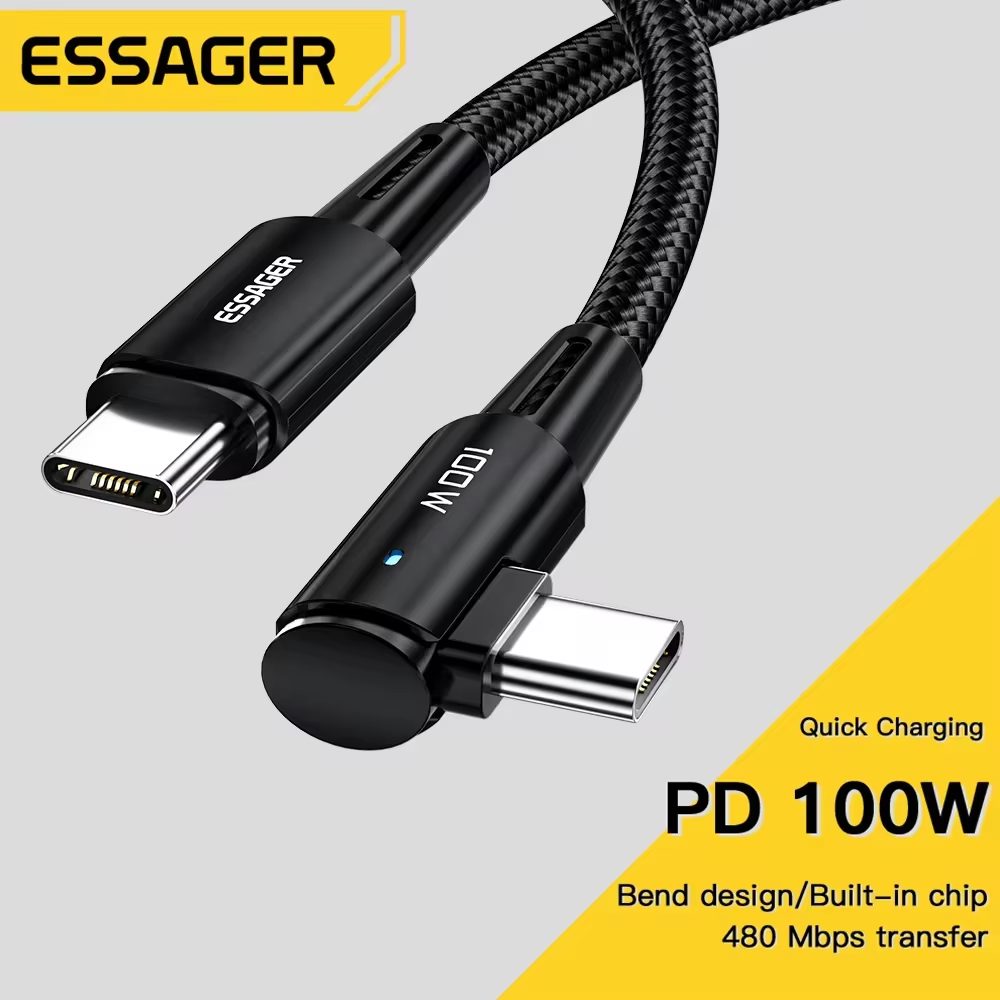 Optimiza tu carga sin complicaciones: Conecta y olvida gracias al diseño angular del cable ESSAGER 100W USB-C, ideal para dispositivos como MACBOOK PRO y SAMSUNG GALAXY, ofreciendo comodidad y velocidad excepcionales.