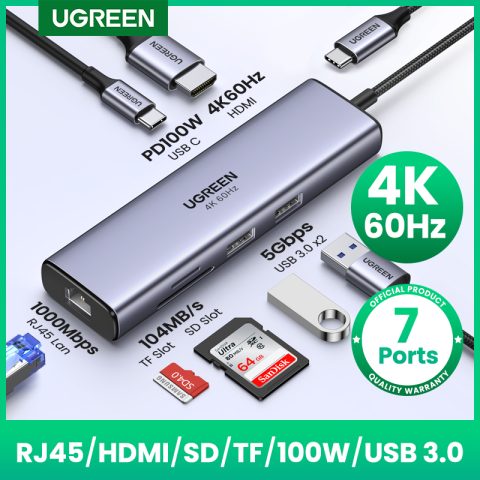 UGREEN Hub USB 7 en 1: HDMI 4K, lector SD y PD100W para tu laptop